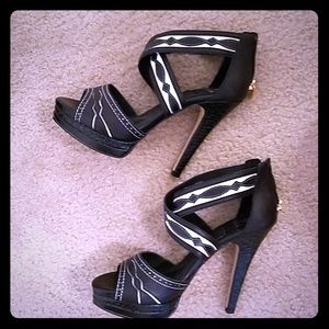 Black and white platform heels
